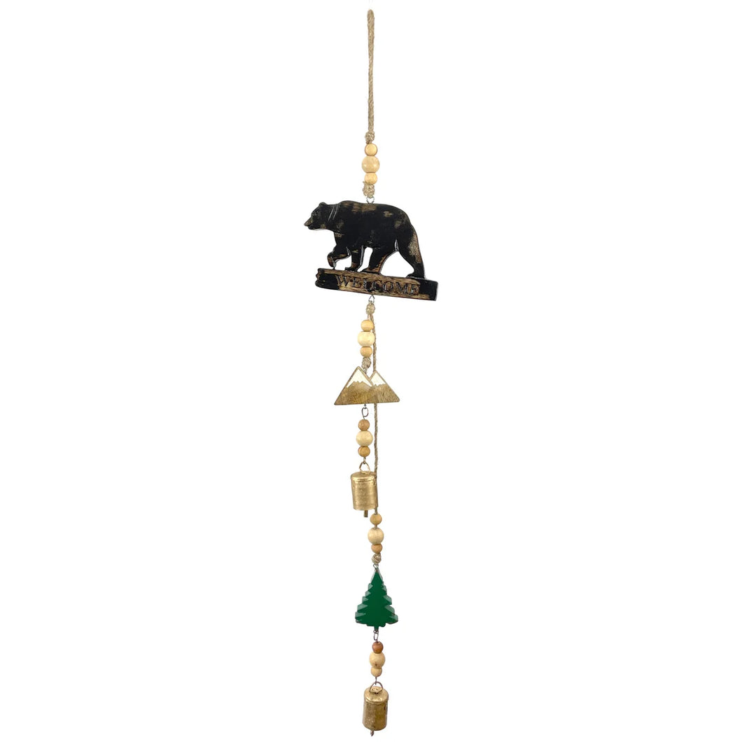 Mango Wood Bell Chime - Bear Welcome Mountain/Tree 32